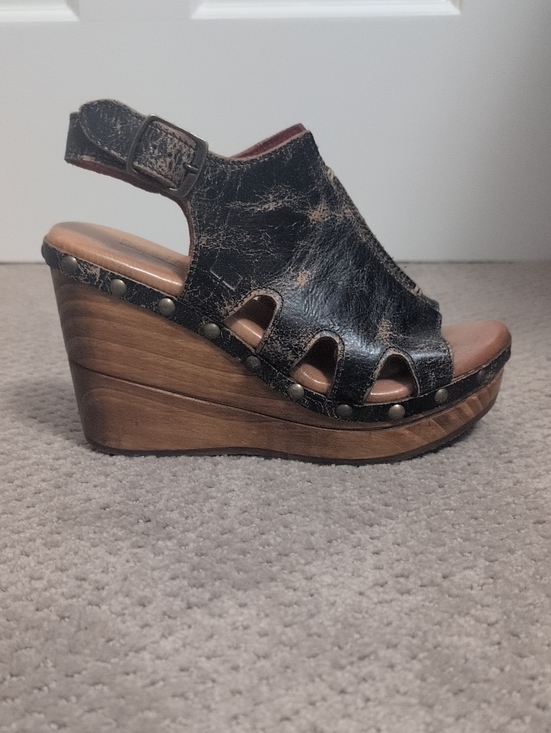 Bed Stu Shoes - Bed Stu Distressed Black Leather Studded Wedge Sandals Size 7